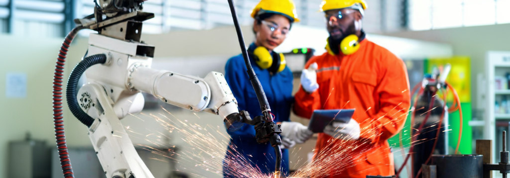Braço robótico operando em linha de produção enquanto profissionais monitoram o processo em tablet, representando a automação e a conectividade da Indústria 4.0.