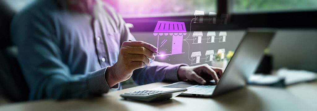 Profissional utilizando ERP para gerenciar e-commerces e marketplaces, com ícones digitais de loja virtual ao fundo. Esse alt text utiliza palavras-chave como ERP, e-commerce e marketplace, o que ajuda na indexação da imagem em buscadores.